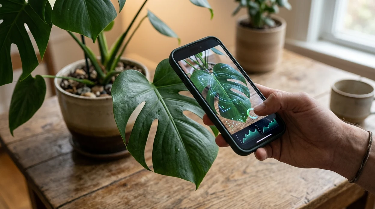 Mobile plant scanner analyzing a clear houseplant leaf photo