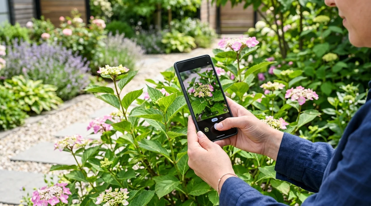 Person using phone to scan plant to identify a garden flower
