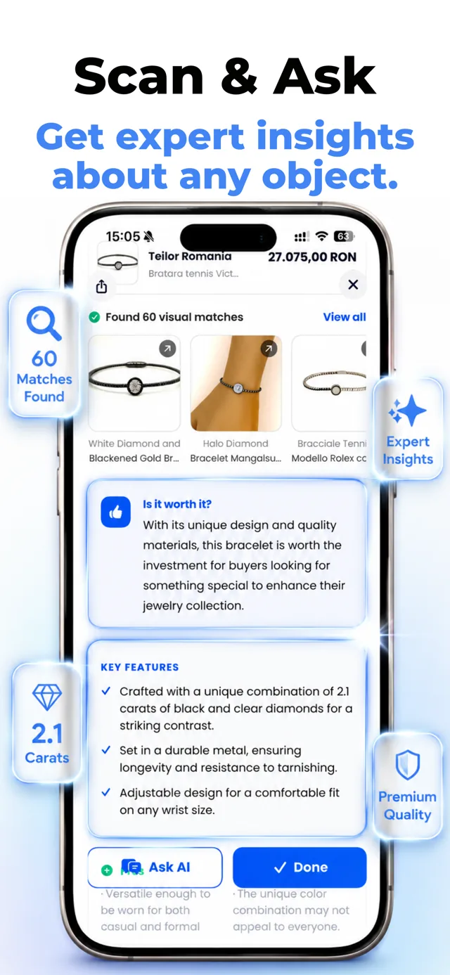 Lens app Scan and Ask jewelry insights on a handbag scan