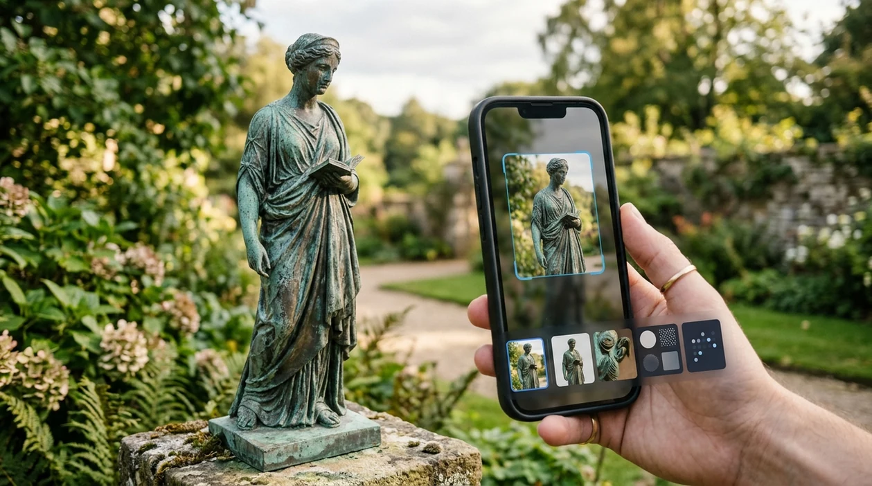 Phone scanner identifying a bronze garden statue from a photo