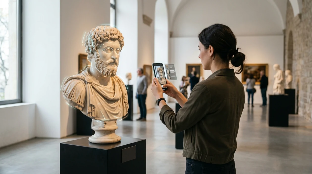 Sculpture identifier scanning a marble bust in a museum gallery