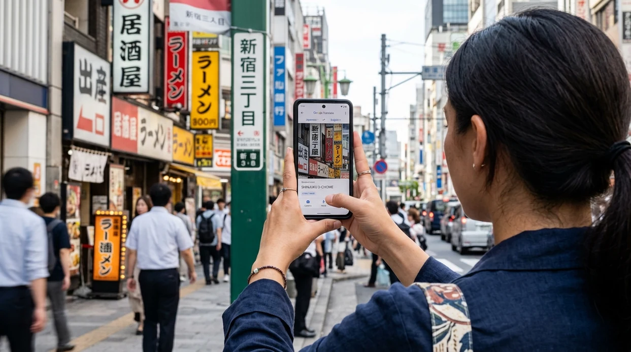 Sign translator app scanning a street sign while traveling