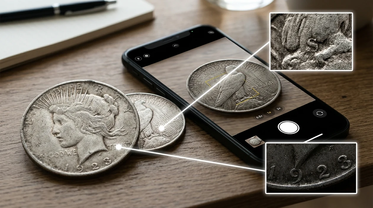 Phone camera analyzing both sides of a worn silver coin