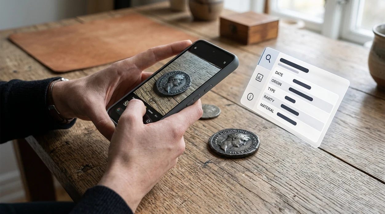 Silver coin checker scanning an old coin with a phone