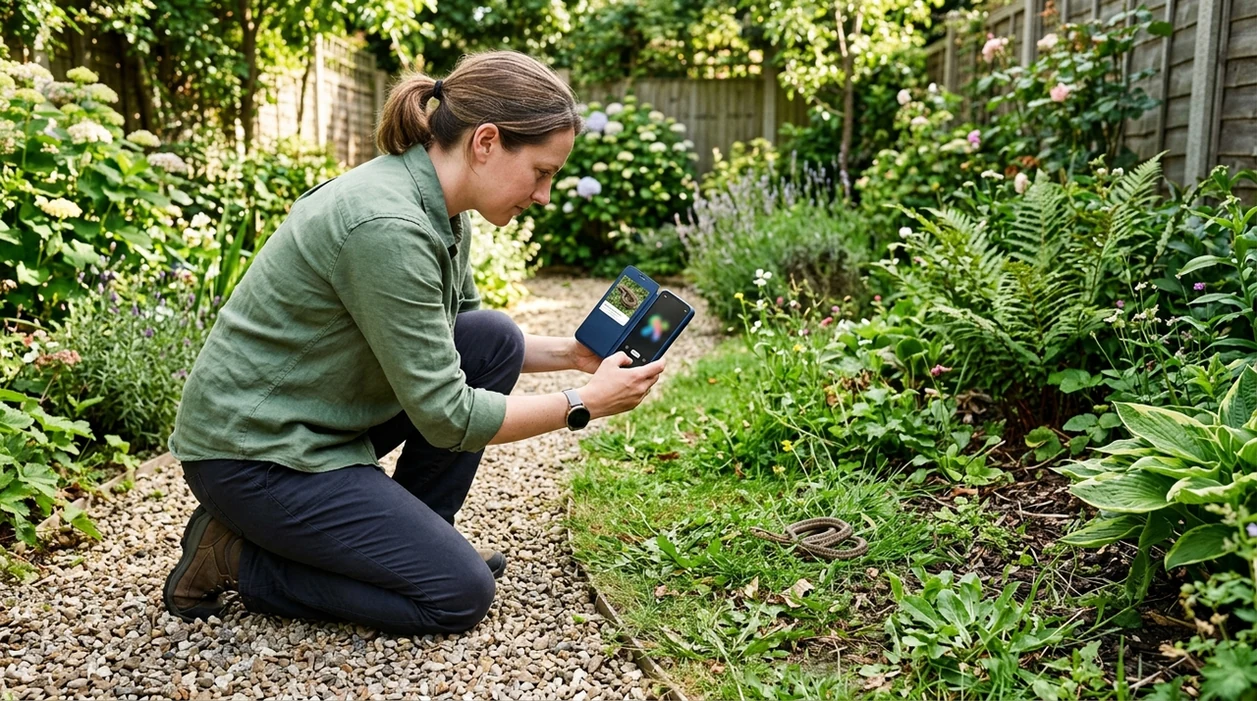 Snake identifier app scanning a backyard snake from a safe distance