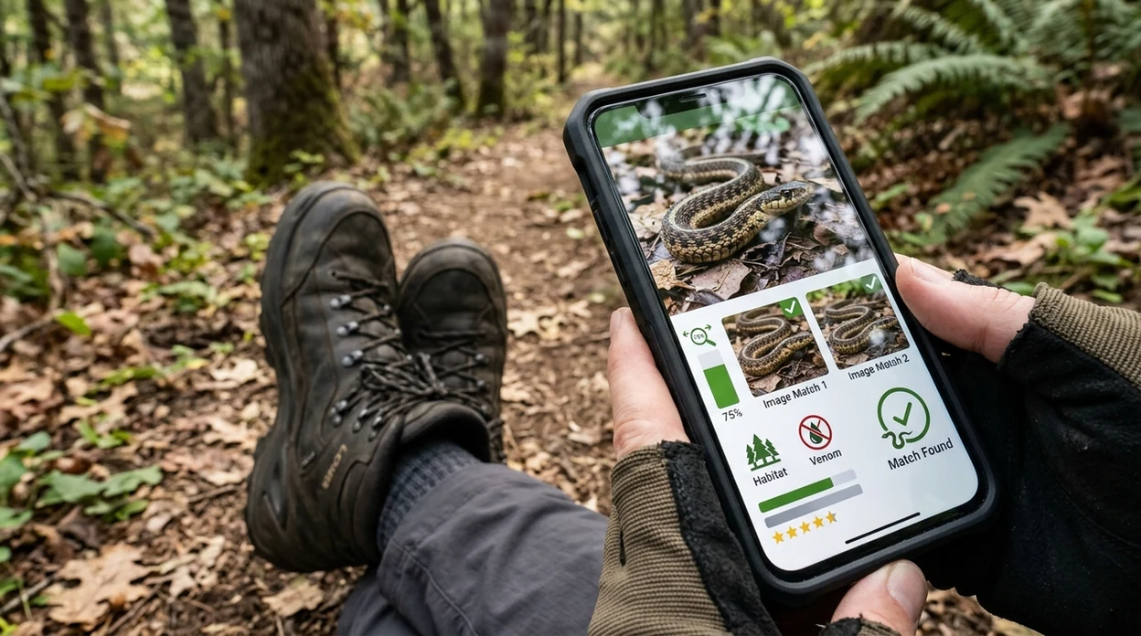 Mobile scanner showing likely snake match on a trail photo