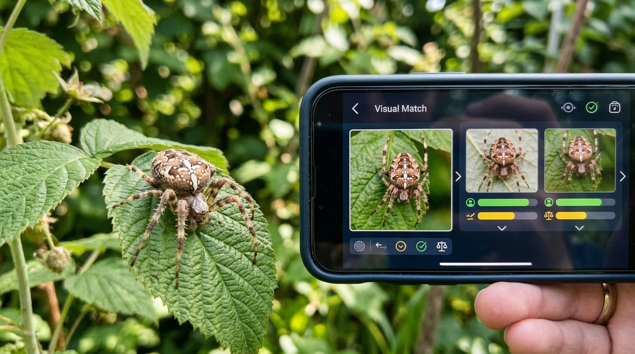 Phone showing visual spider scan result beside garden spider