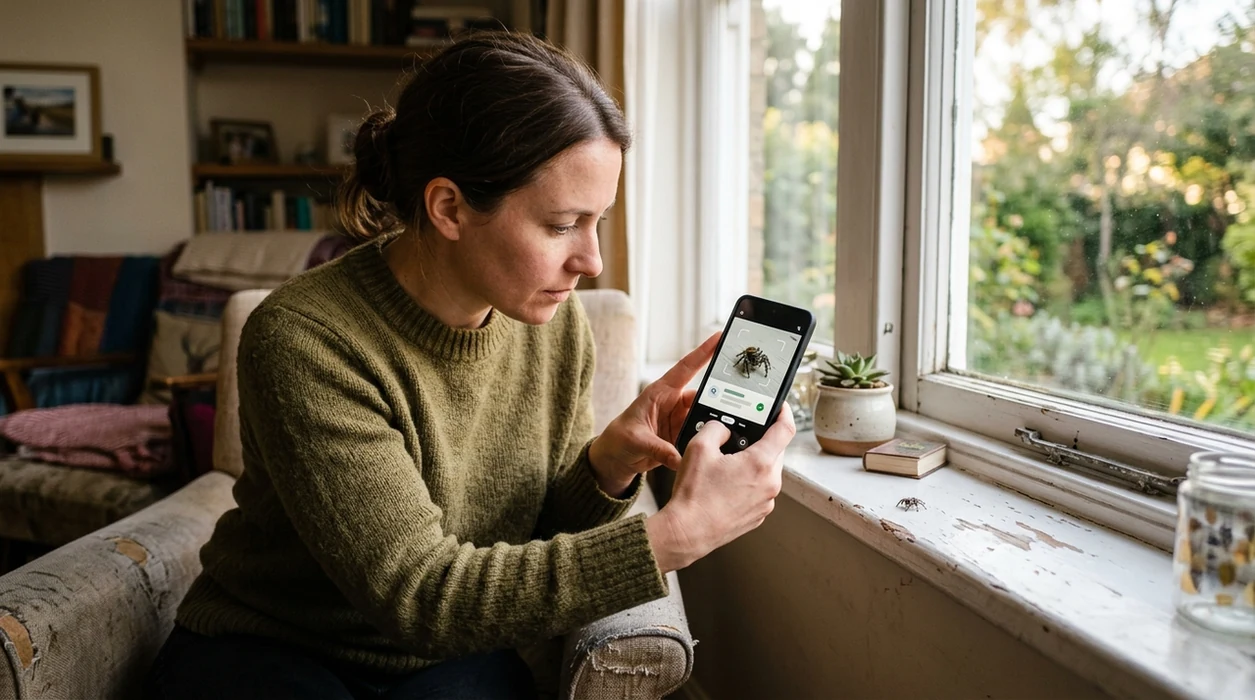 Spider identifier app scanning a small spider on a windowsill