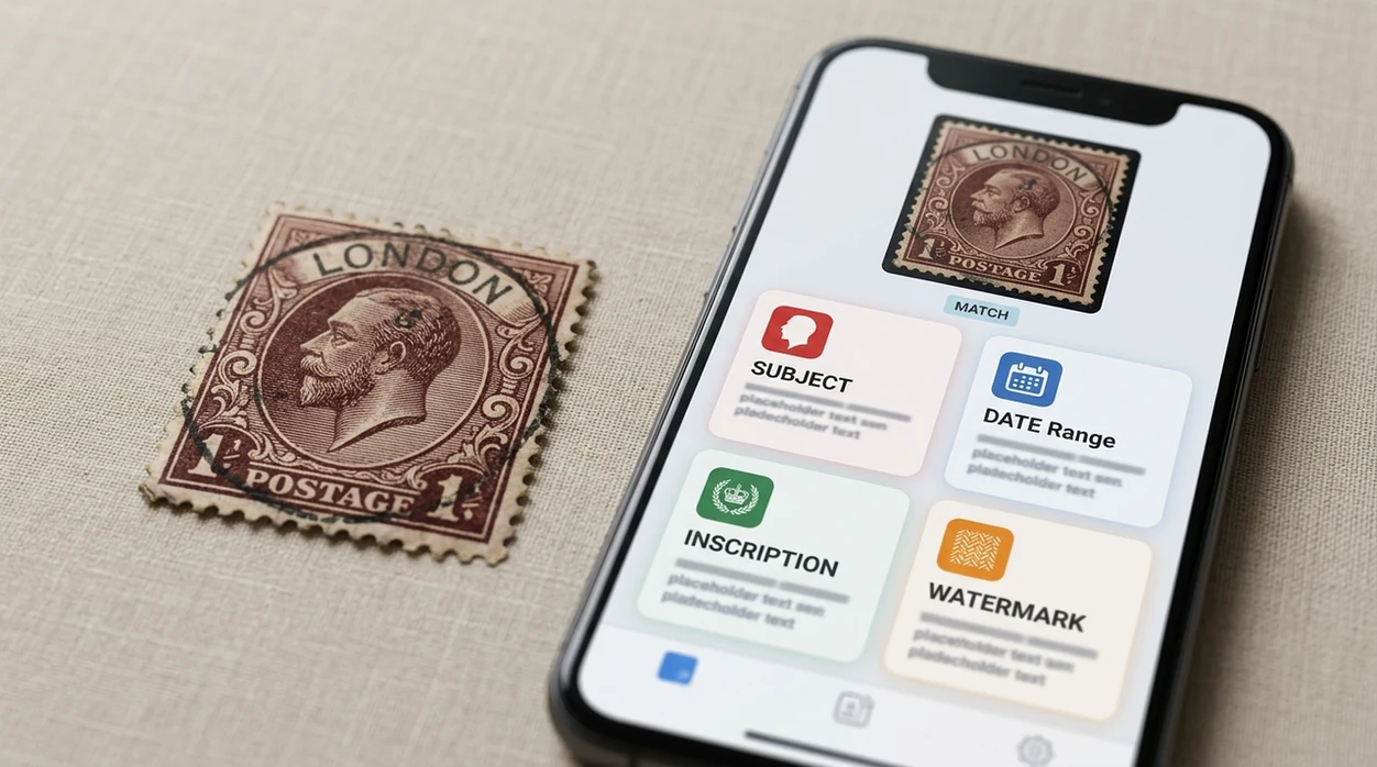 Phone showing visual clues for an antique postage stamp