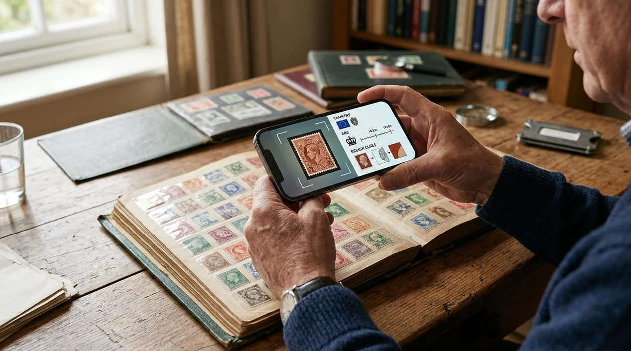 Stamp identifier scanning an old postage stamp album on a phone