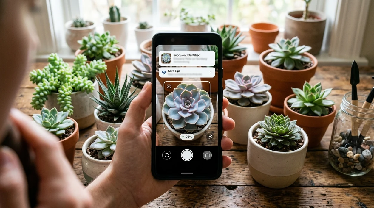 Phone camera identifying unlabeled succulents on a wooden table