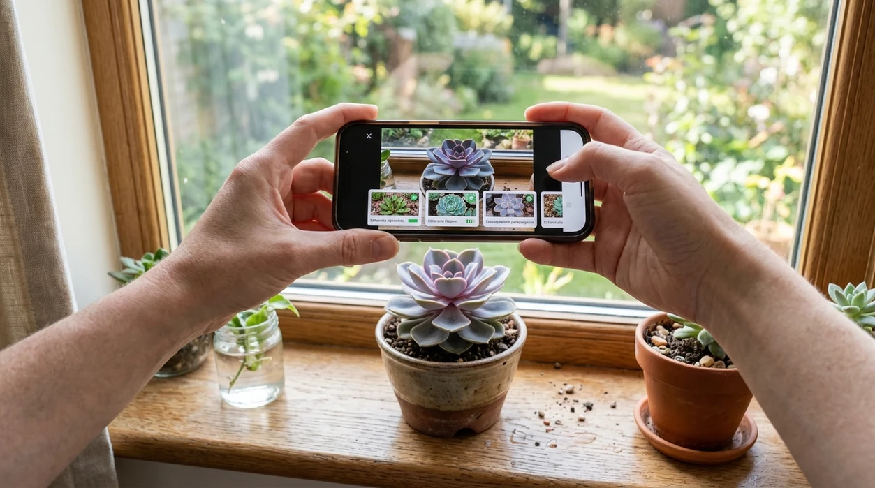 Succulent identifier app scanning a potted rosette plant on a windowsill