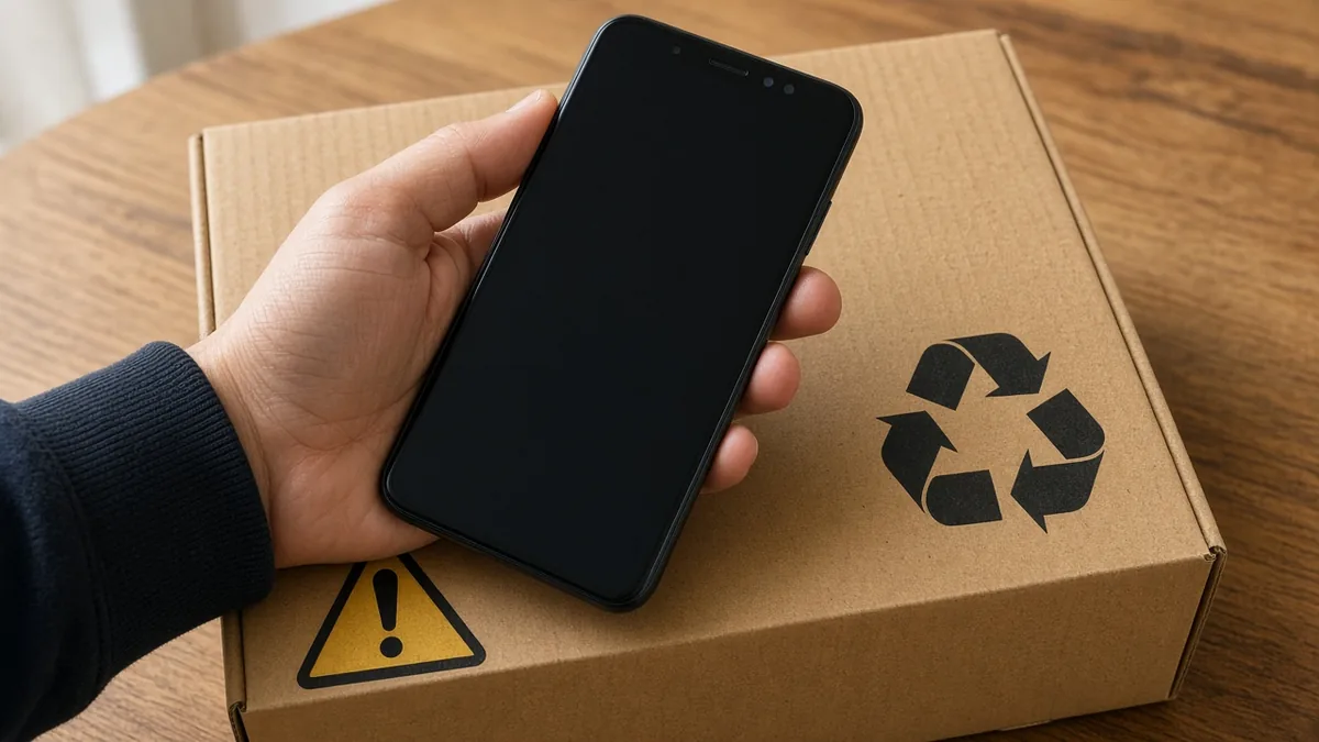 A phone held over a warning triangle and a recycling mark on a cardboard box
