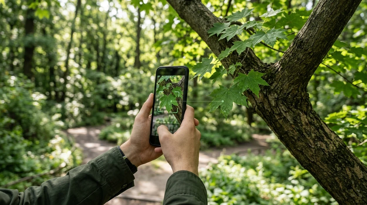 Tree identifier app scanning leaves and bark on a phone