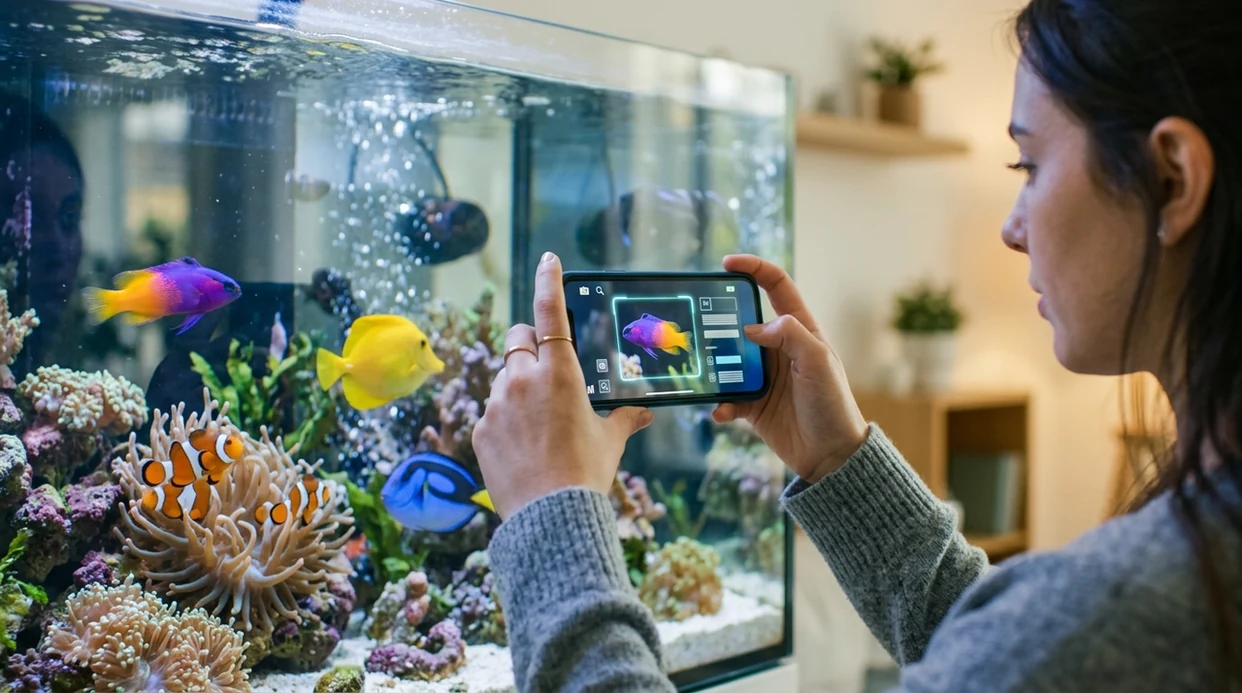 Tropical fish identifier scanning colorful aquarium fish on a phone