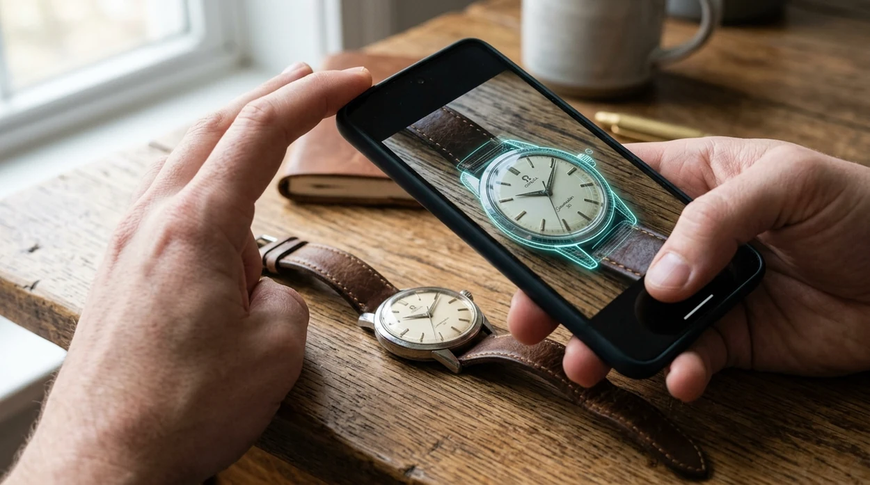 watch identifier scanning a wristwatch photo on a smartphone