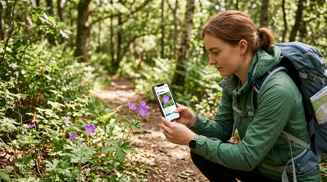 Wildflower identifier app used by a hiker on a trail