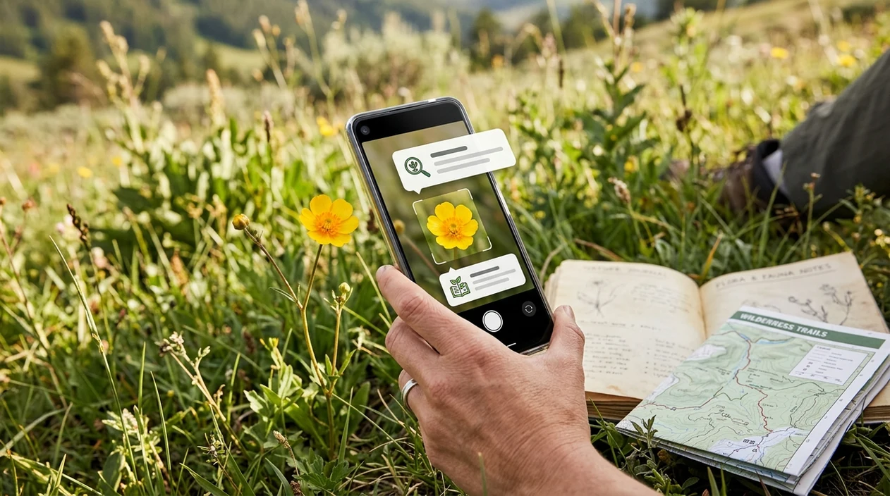 Phone scanning a yellow wildflower with leaves visible